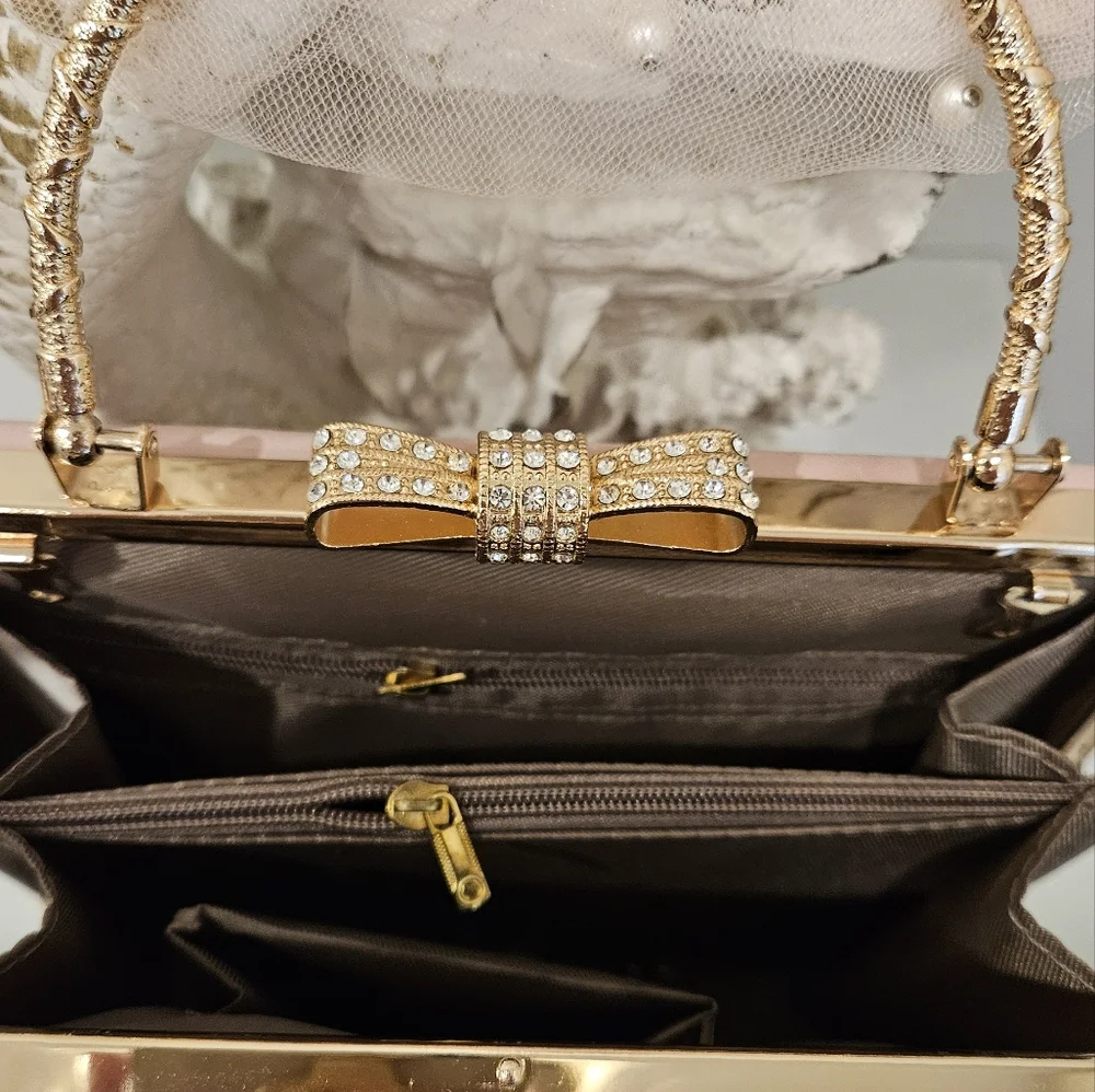 Ornate Pink Floral Box Clutch with Gold Handle